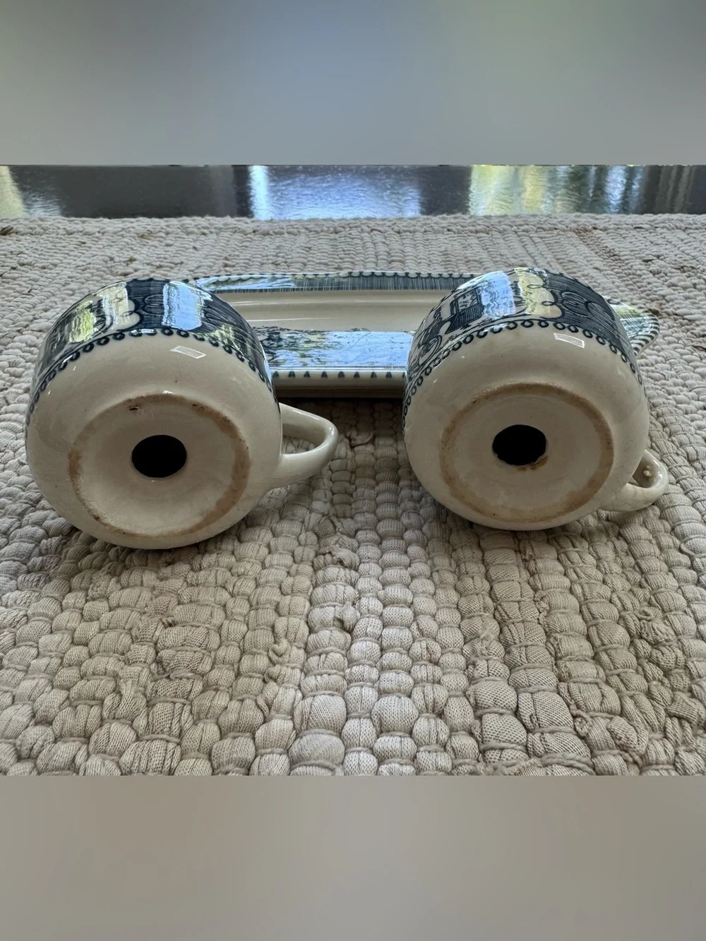 Vintage Currier & Ives by Royal Blue & White Salt and Pepper Shaker with Tray